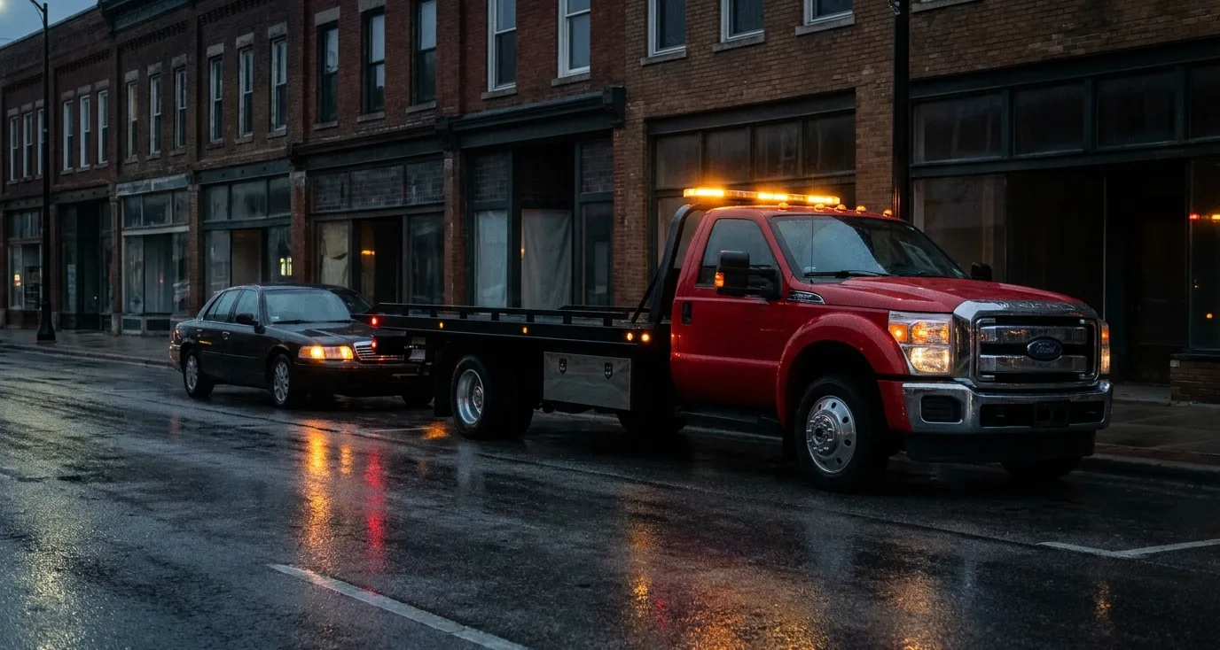 Flatbed tow truck pulled up behind a stalled car on a wet downtown street at night