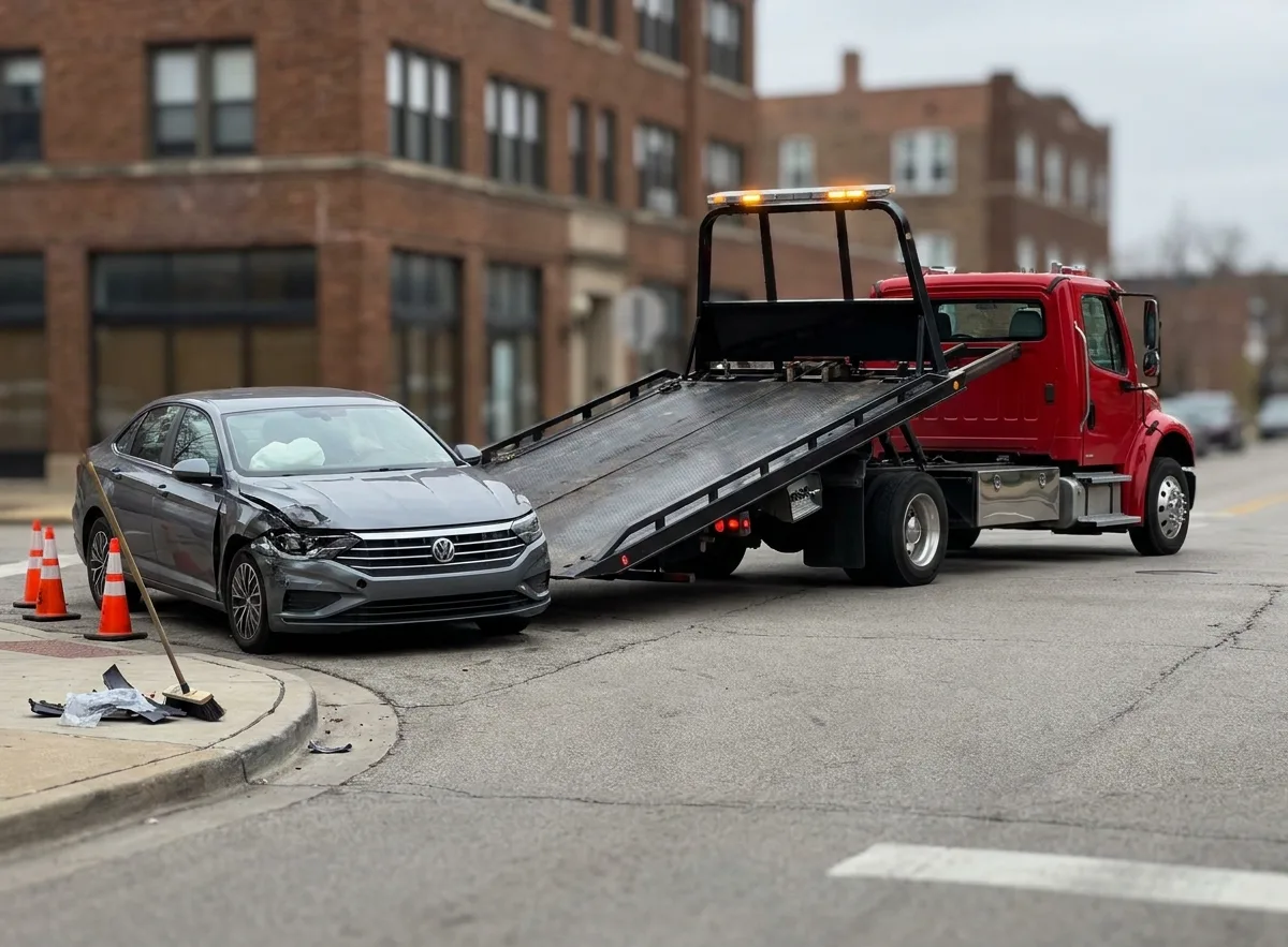 Grey sedan with a smashed front corner at a city intersection, a flatbed tow truck backed up to it