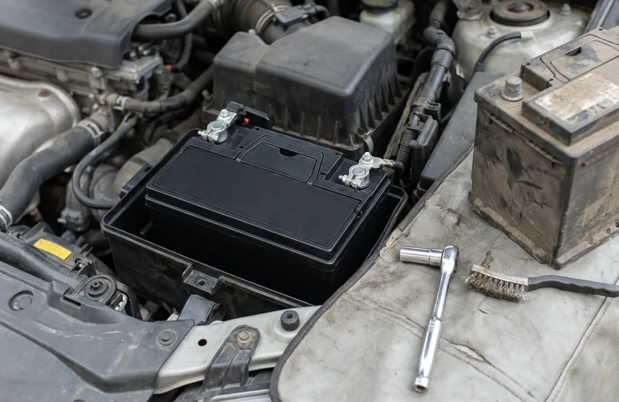 New car battery seated in an engine bay with the old battery and tools resting on a fender cover