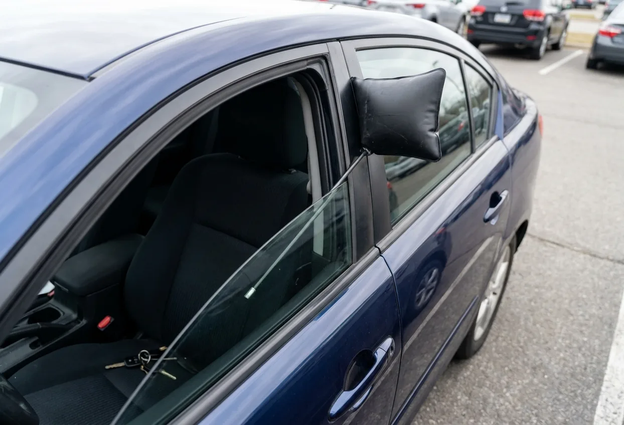 Inflatable air wedge and a long-reach lockout tool in the door frame of a blue car, keys visible on the seat