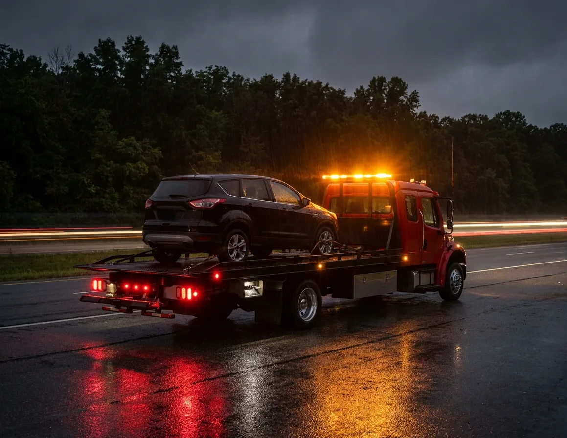 Flatbed tow truck with amber lights flashing on a wet highway shoulder at night, an SUV secured on the deck