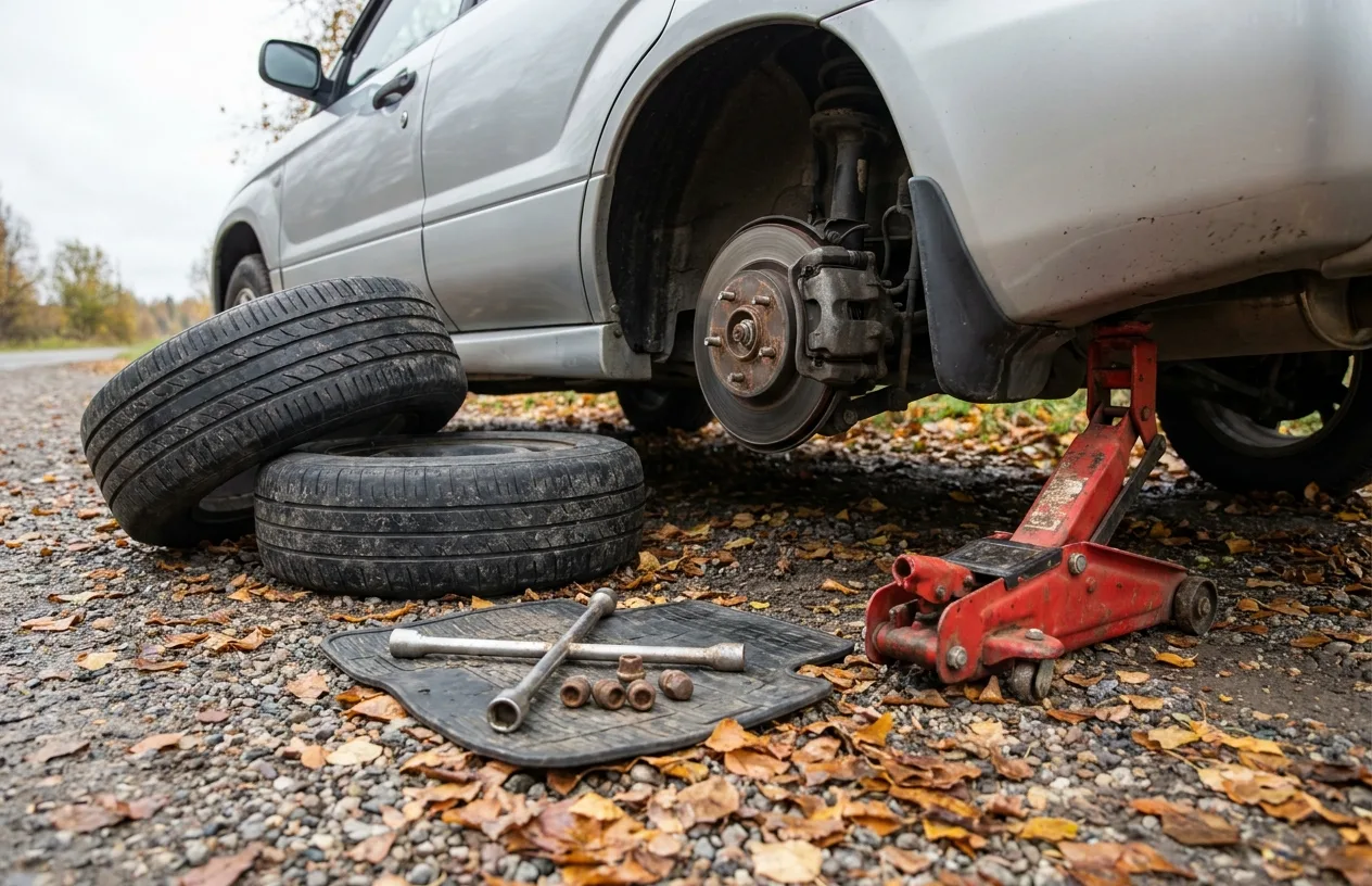 Silver sedan raised on a floor jack on a gravel shoulder, the flat tire removed and a spare leaning against the car