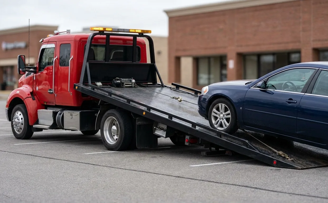 Sedan being winched up the tilted deck of a red flatbed tow truck in a parking lot