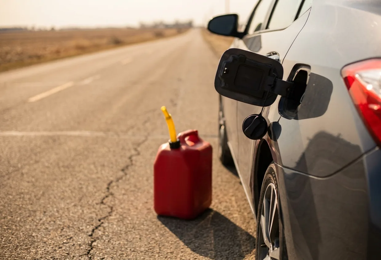 Red portable fuel can beside the open fuel door of a dark sedan parked on a rural road shoulder