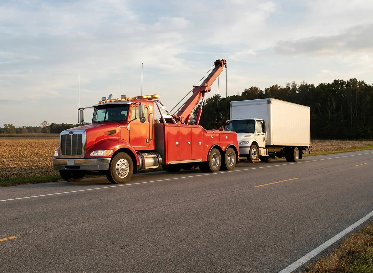 Red heavy-duty wrecker towing a white box truck by its front axle on a two-lane rural highway