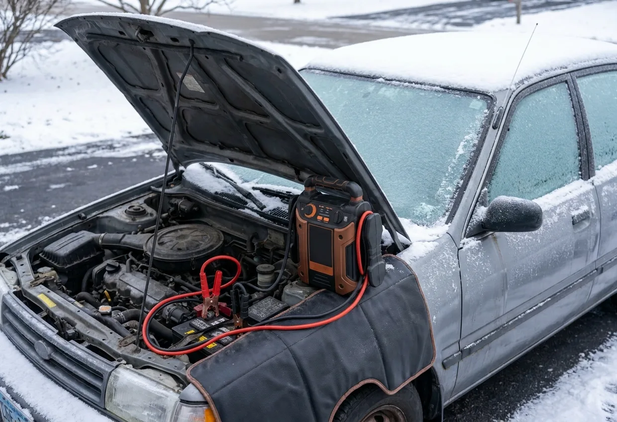 Portable jump starter on the fender of a snow-covered car with cables running to the battery on a winter morning