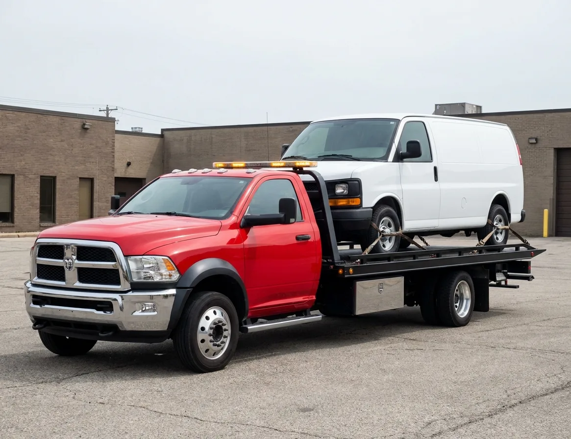 Plain white cargo van strapped down on a red flatbed tow truck in a commercial parking lot
