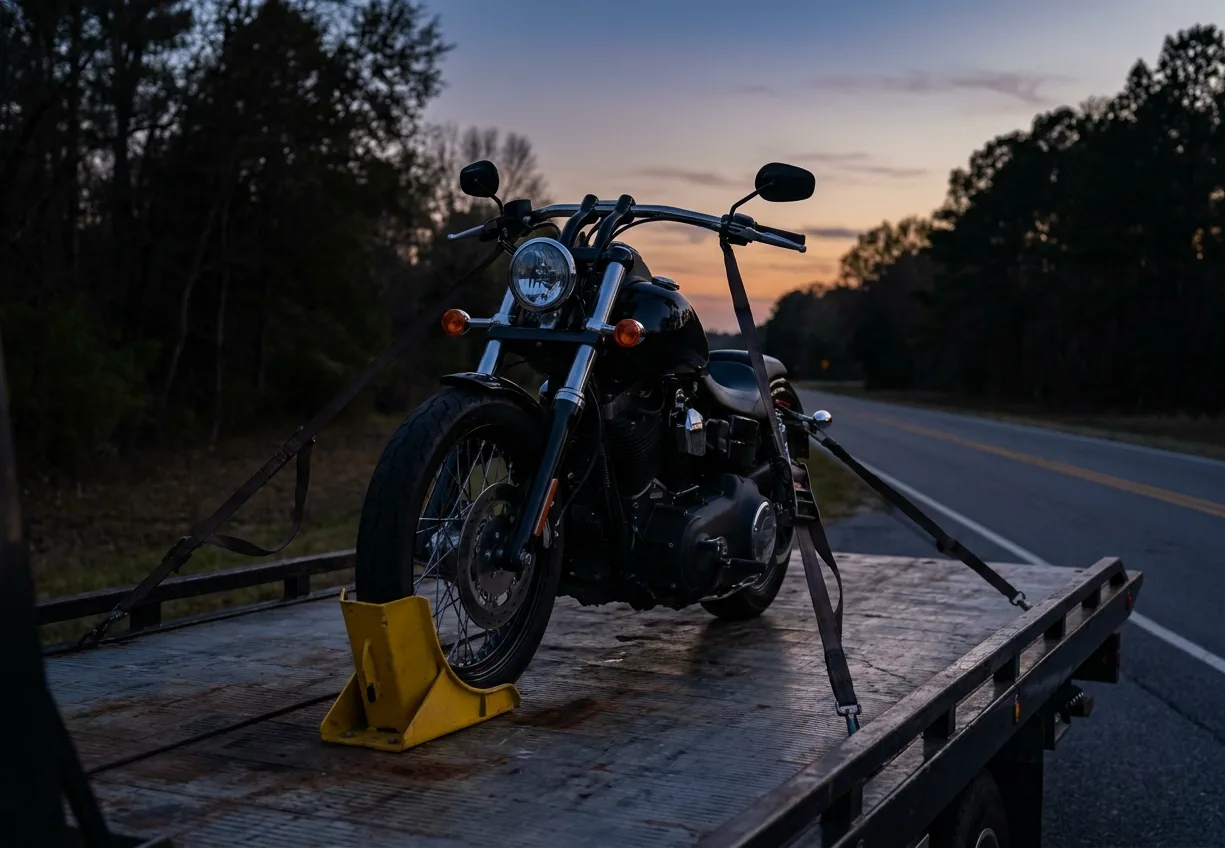 Black cruiser motorcycle upright in a yellow wheel chock, strapped down on the deck of a flatbed tow truck