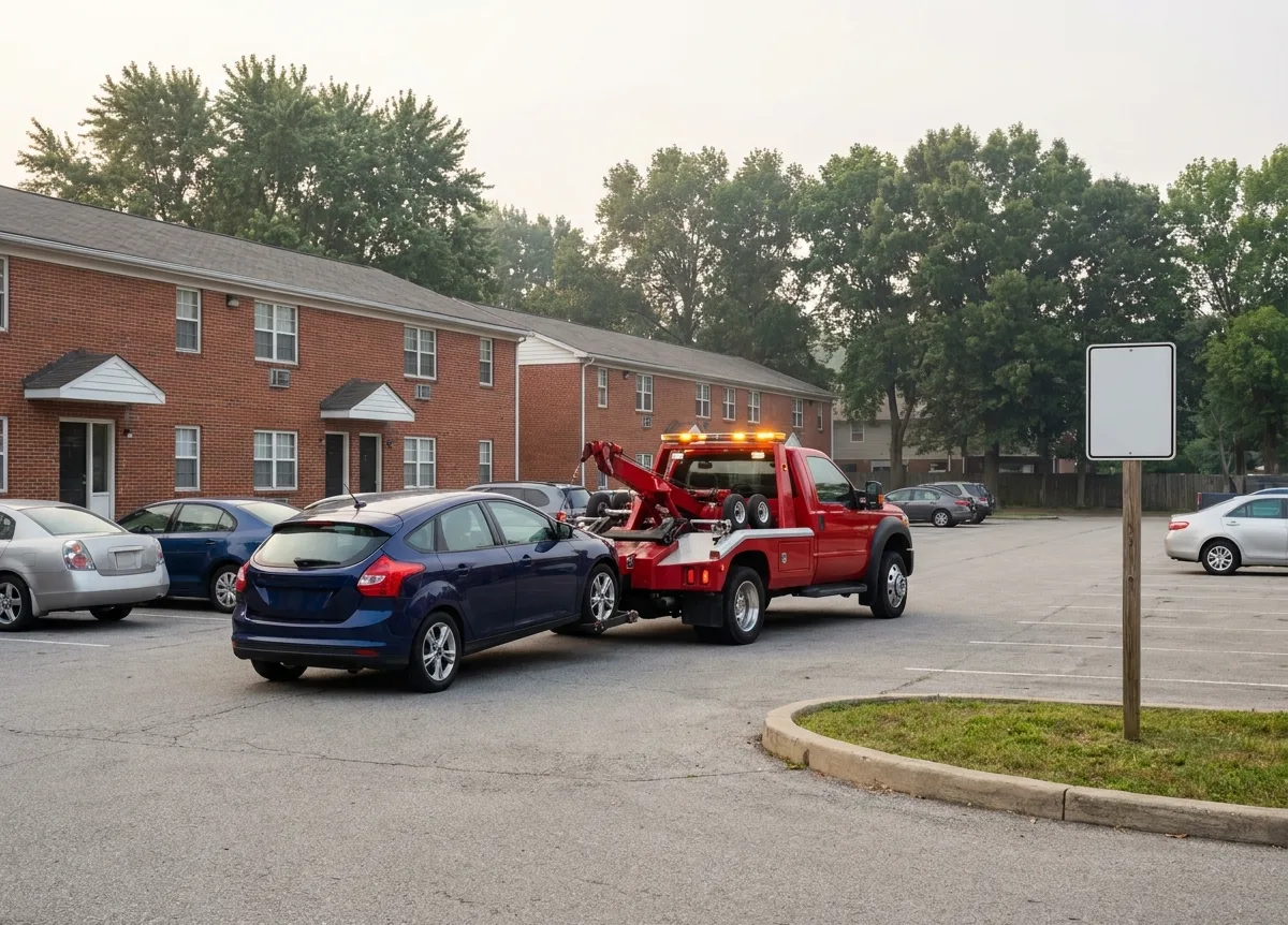 Wheel-lift tow truck lifting a hatchback in a brick apartment complex parking lot in the early morning