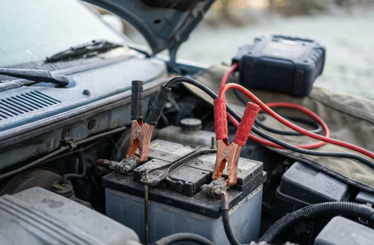 Jumper cable clamps on a car battery under an open hood, connected to a portable jump pack