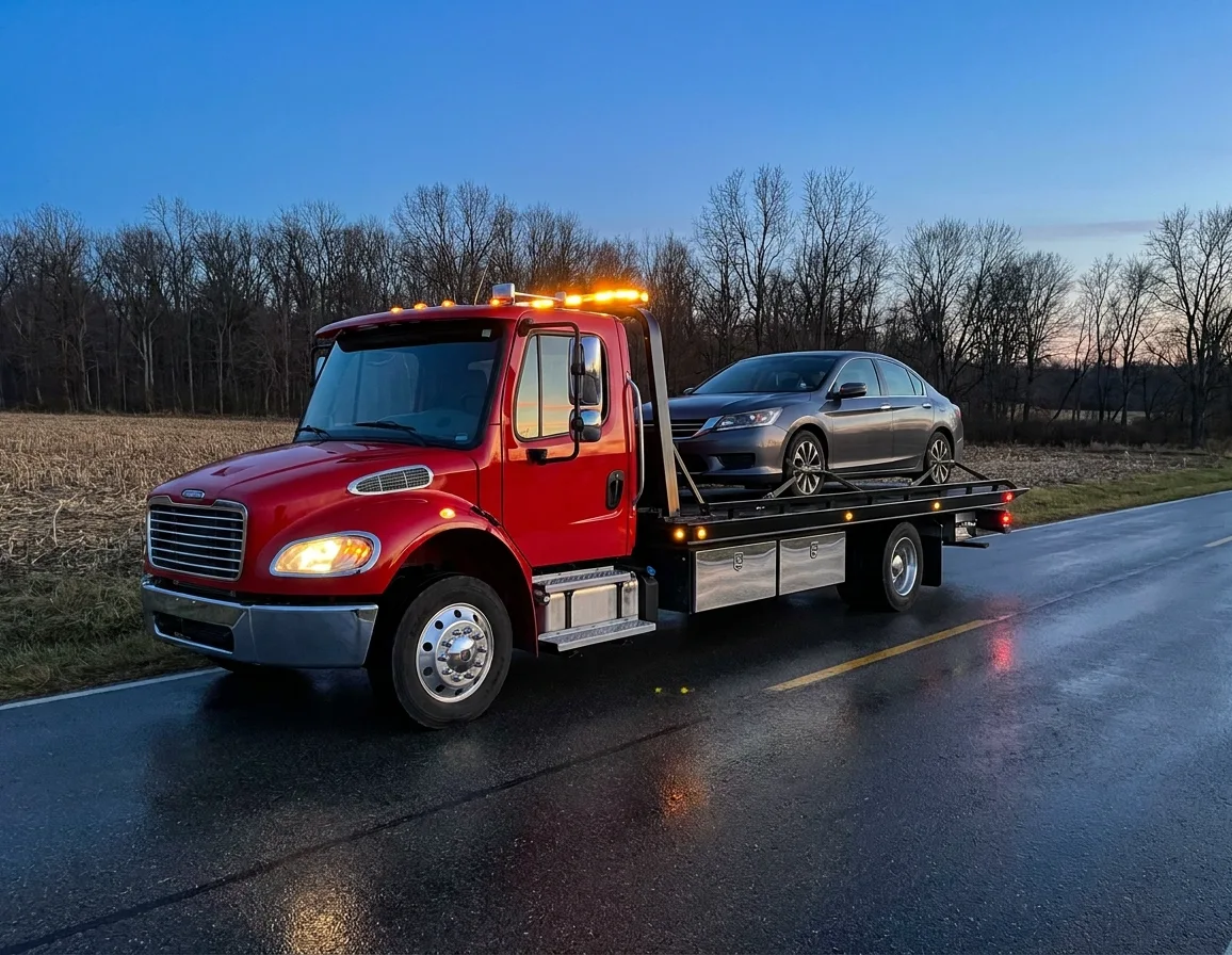 Red flatbed tow truck with a sedan loaded on the deck, parked on a rural road shoulder at dusk with amber lights on