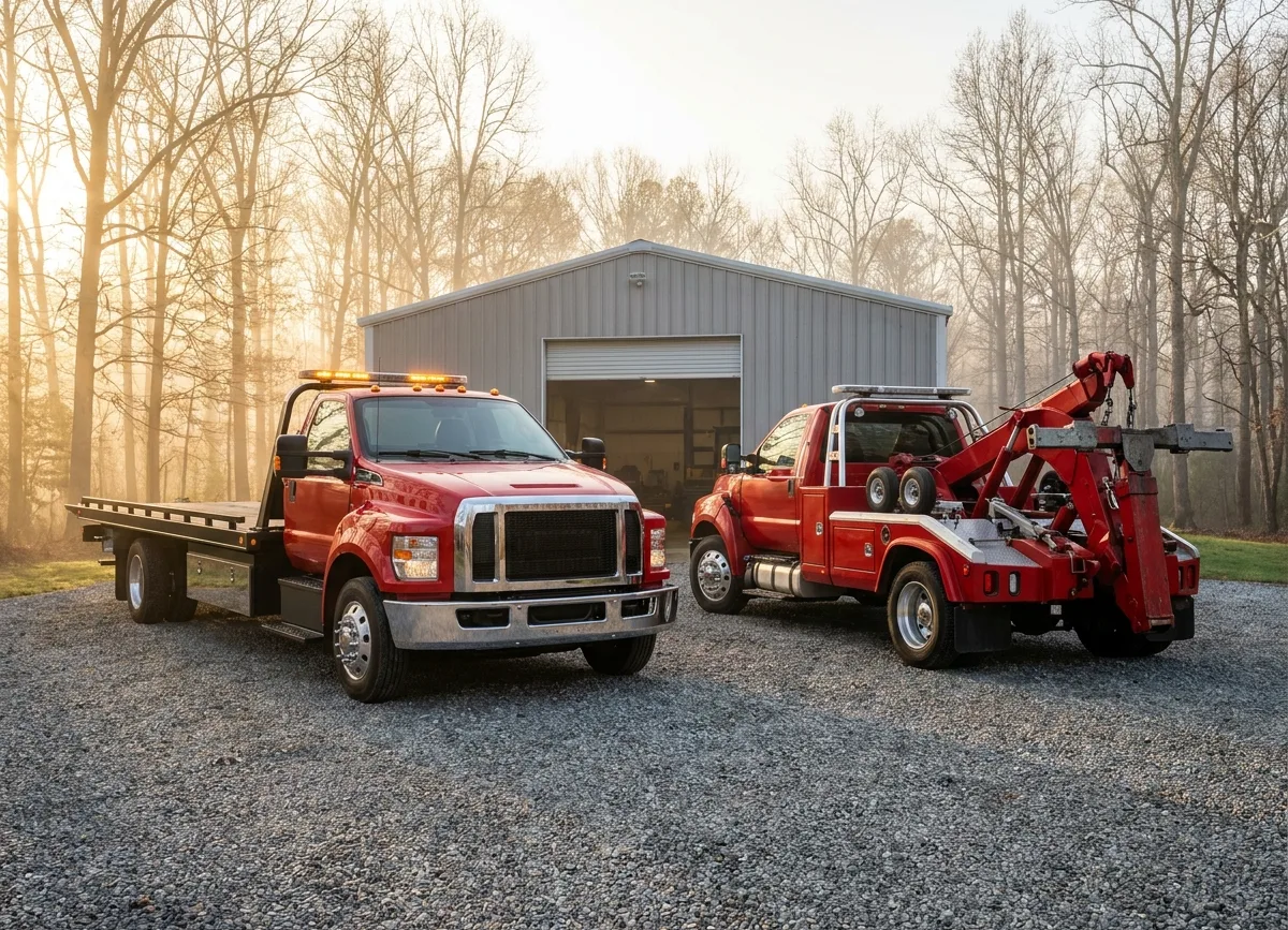 A flatbed tow truck and a wheel-lift wrecker parked side by side in a gravel yard on a misty morning