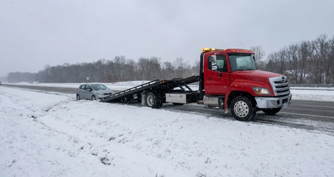 Flatbed tow truck on a snowy interstate shoulder, deck tilted toward a hatchback that slid into the median