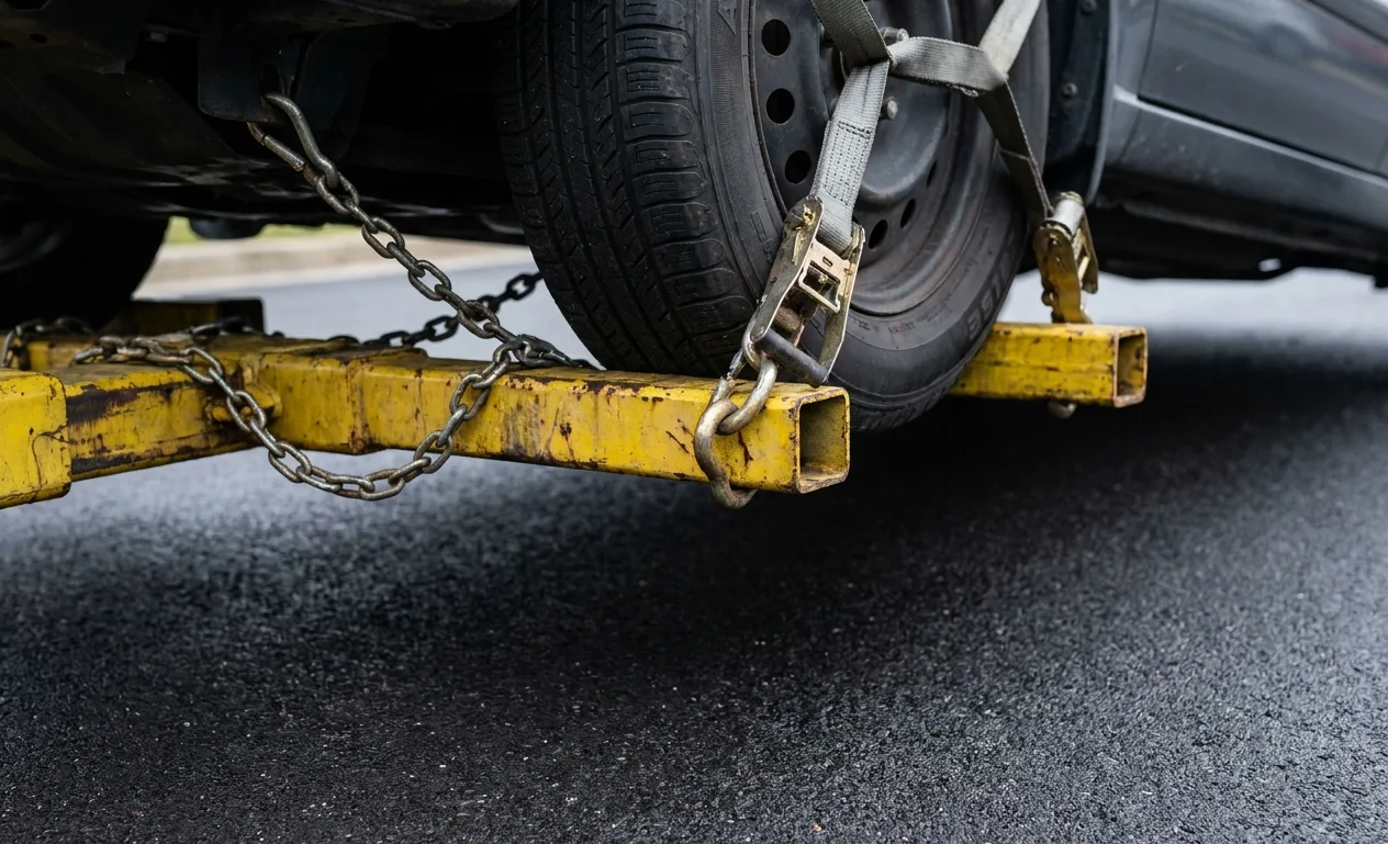 Close-up of a wheel-lift cradle locked under a car tire with ratchet straps and safety chains