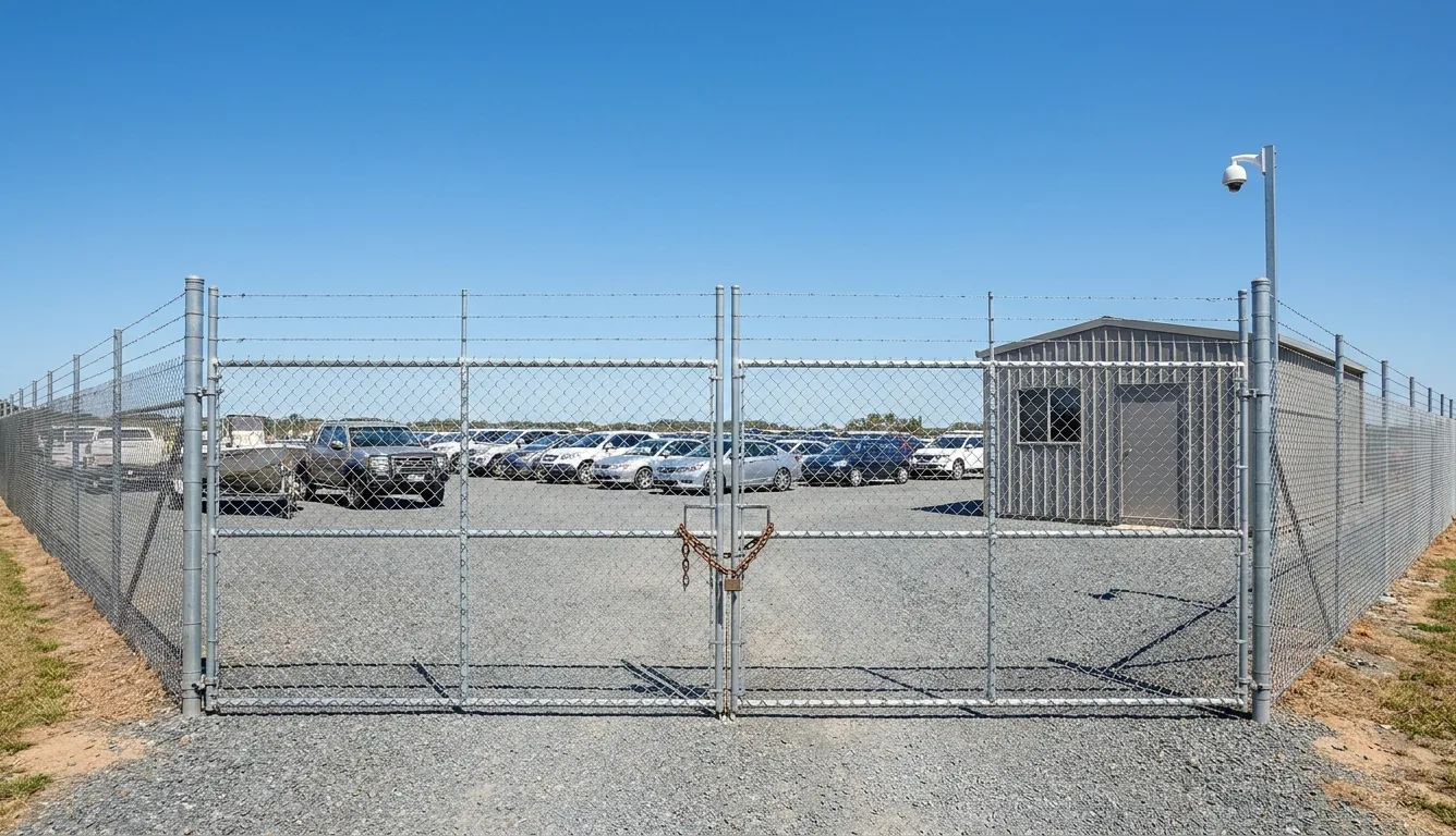 Fenced vehicle storage yard with a padlocked gate, parked cars, a pickup and a boat on a trailer on a sunny day