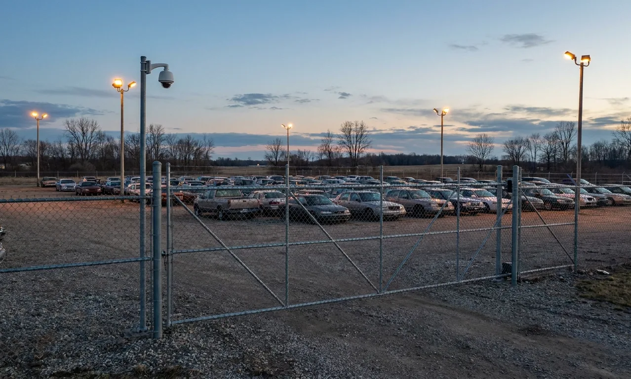 Fenced vehicle storage lot with rows of parked cars, pole lights and a security camera at dusk